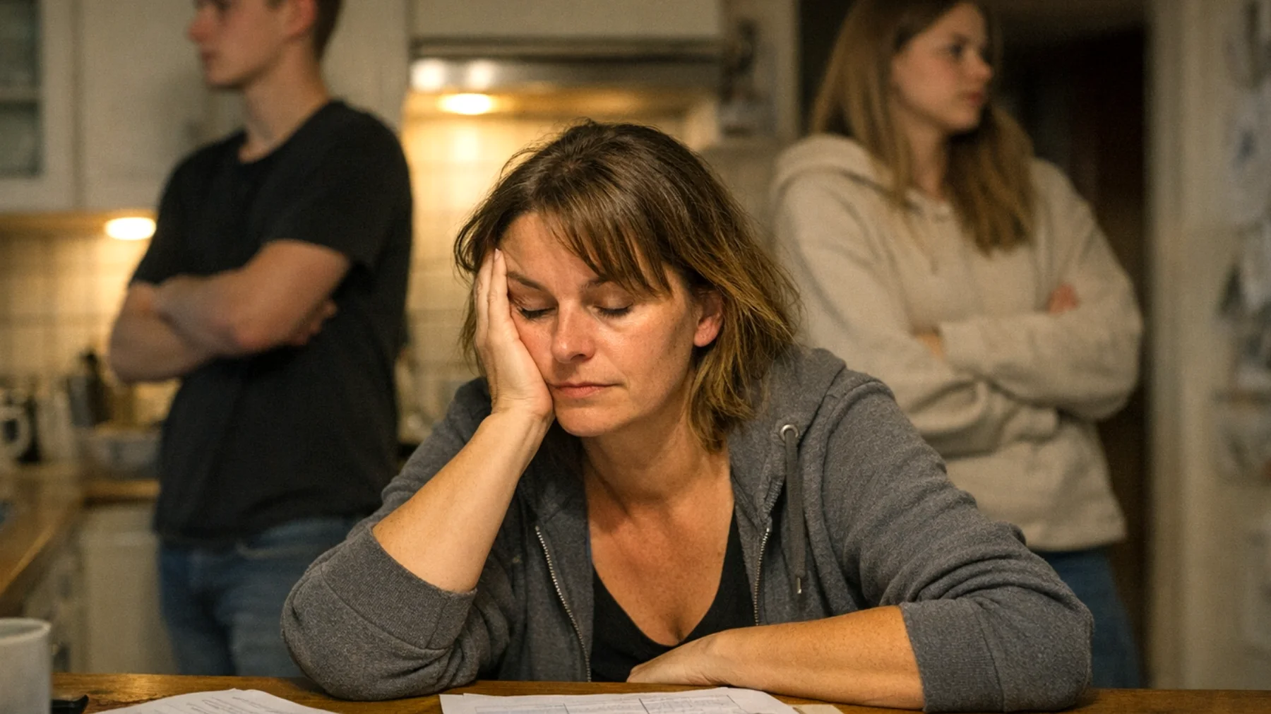 Eine Mutter macht sich intensive und anhaltende Sorgen um die Zukunft ihrer jugendlichen Kinder – sei es in Bezug auf Berufswahl, soziale Integration, persönliche Stabilität oder allgemeine Lebensperspektiven. Diese Zukunftsangst führt dazu, dass sie übermäßig kontrolliert, vorausplant und die Jugendlichen mit gut gemeinten, aber erdrückenden Erwartungen und Warnungen konfrontiert, was zu Spannungen und Distanz in der Beziehung führt."