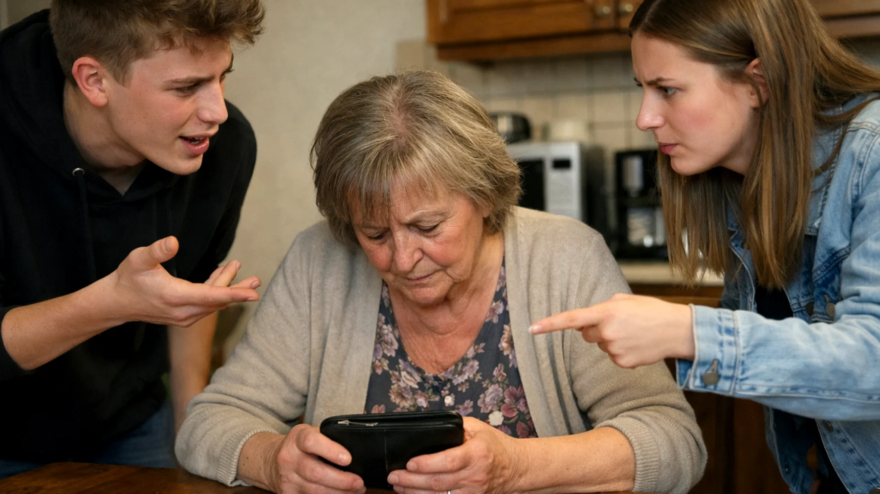 Die Oma hat große Schwierigkeiten, ihren Enkelkindern im Jugendalter gegenüber klare Grenzen zu setzen und 'Nein' zu sagen. Aus Angst, ihre Zuneigung zu verlieren oder als streng zu gelten, gibt sie fast allen Wünschen und Forderungen der Jugendlichen nach – sei es beim Essen, beim Ausgehen, beim Geldausgeben oder bei den Hausregeln. Dies führt dazu, dass die Jugendlichen zunehmend respektlos werden, die Großmutter manipulieren und ihre Nachgiebigkeit ausnutzen. Die Oma fühlt sich gleichzeitig erschöpft, ausgenutzt und schuldig, wenn sie versucht, eine Grenze zu setzen."