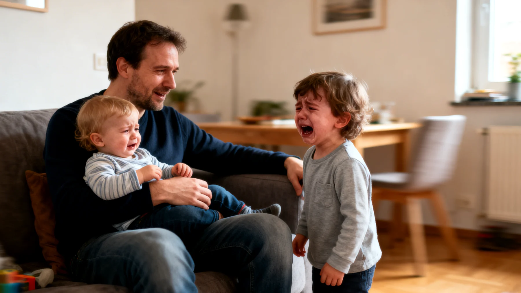 Der Vater hat Schwierigkeiten, mit der Eifersucht und Rivalität zwischen seinen Kindern umzugehen. Er fühlt sich hin- und hergerissen, wenn die Kinder um seine Aufmerksamkeit, Zuneigung und Zeit kämpfen, und weiß nicht, wie er fair und ausgewogen mit jedem Kind umgehen soll, ohne das Gefühl zu verstärken, dass eines bevorzugt oder benachteiligt wird."