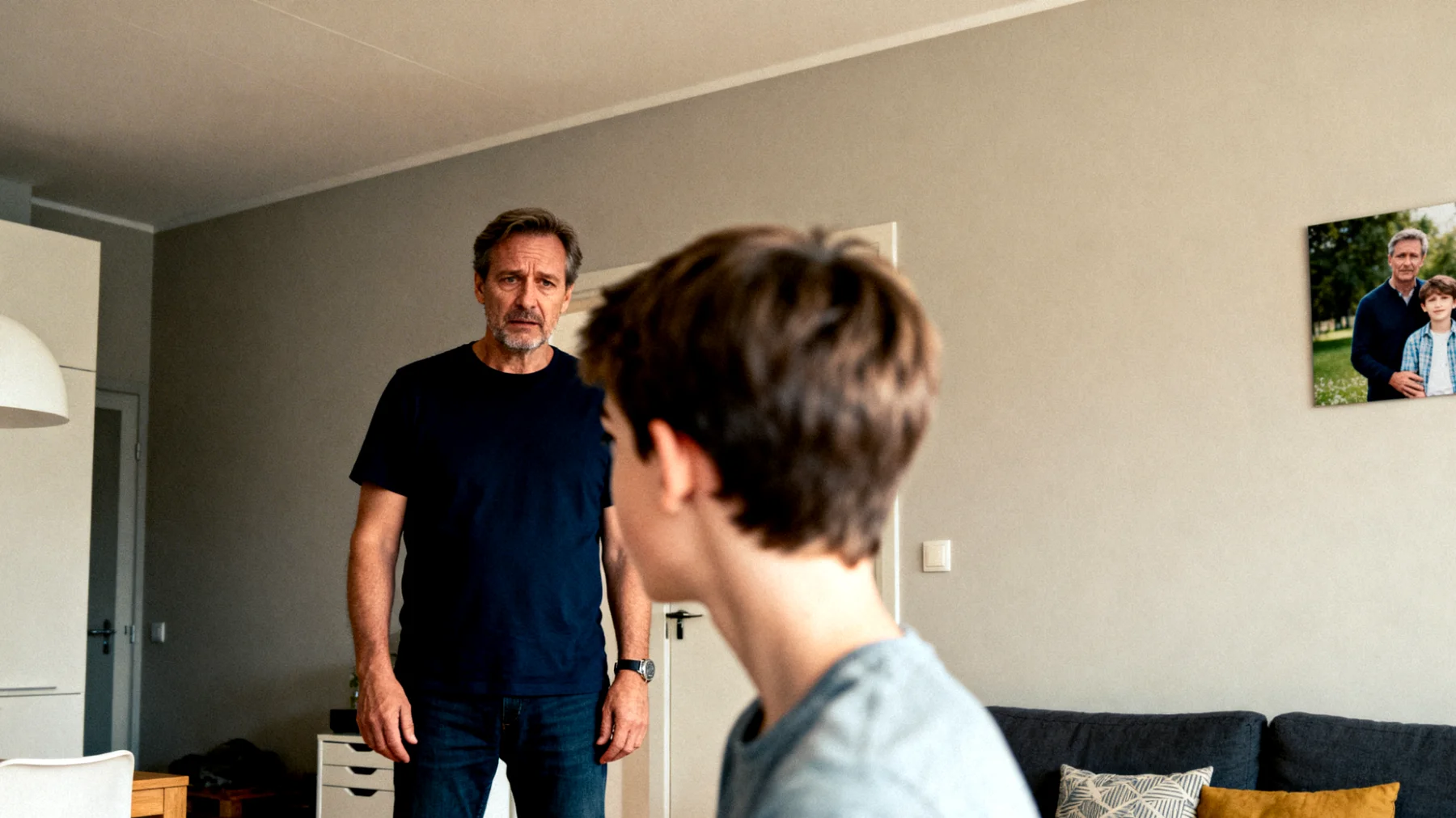 Der Vater fühlt sich von seinem jugendlichen Kind nicht respektiert und missverstanden. Seine Werte, Lebensvorstellungen und Erziehungsmethoden werden vom Teenager offen abgelehnt und hinterfragt. Der Jugendliche hingegen empfindet den Vater als veraltet, autoritär und unfähig, die heutige Welt zu verstehen. Dies führt zu häufigen Auseinandersetzungen, gegenseitiger Frustration und einer zunehmenden emotionalen Distanz zwischen den beiden."