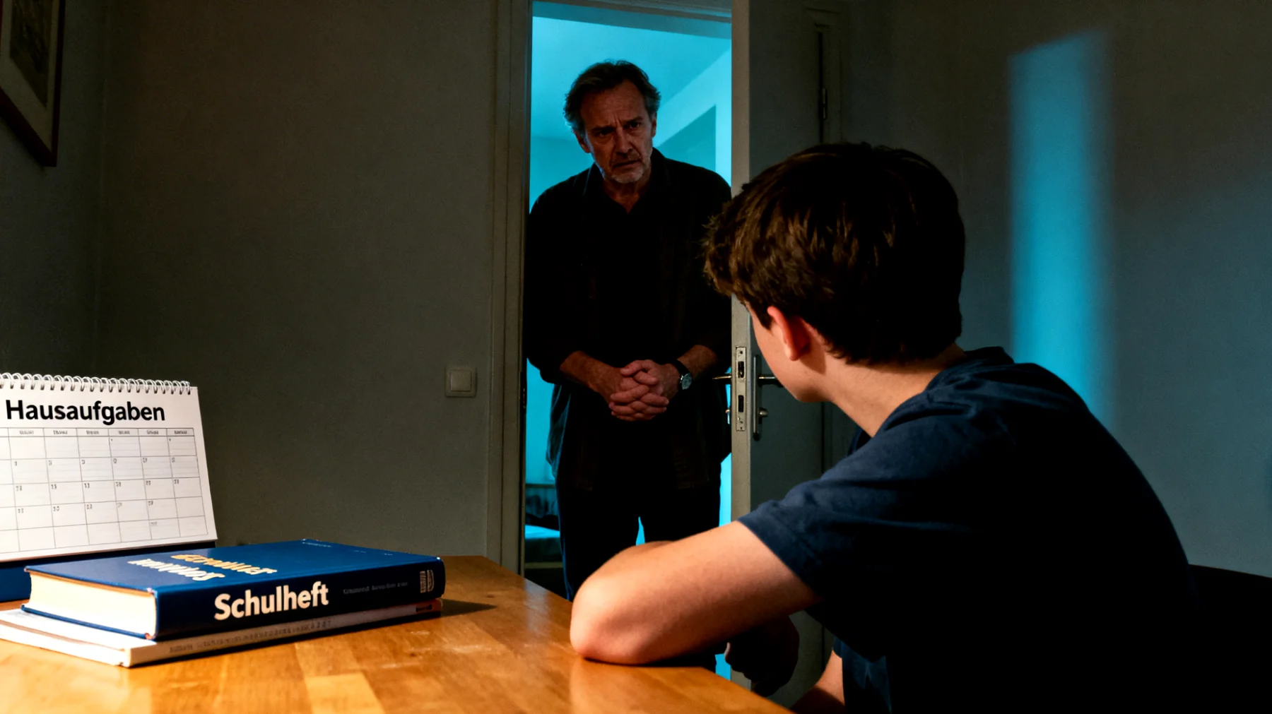 Der Vater ist besorgt über die mangelnde schulische Motivation seines jugendlichen Kindes: schlechte Noten, Gleichgültigkeit gegenüber Hausaufgaben und fehlendes Interesse am Lernen führen zu häufigen Spannungen und einem Gefühl der Hilflosigkeit seitens des Vaters."