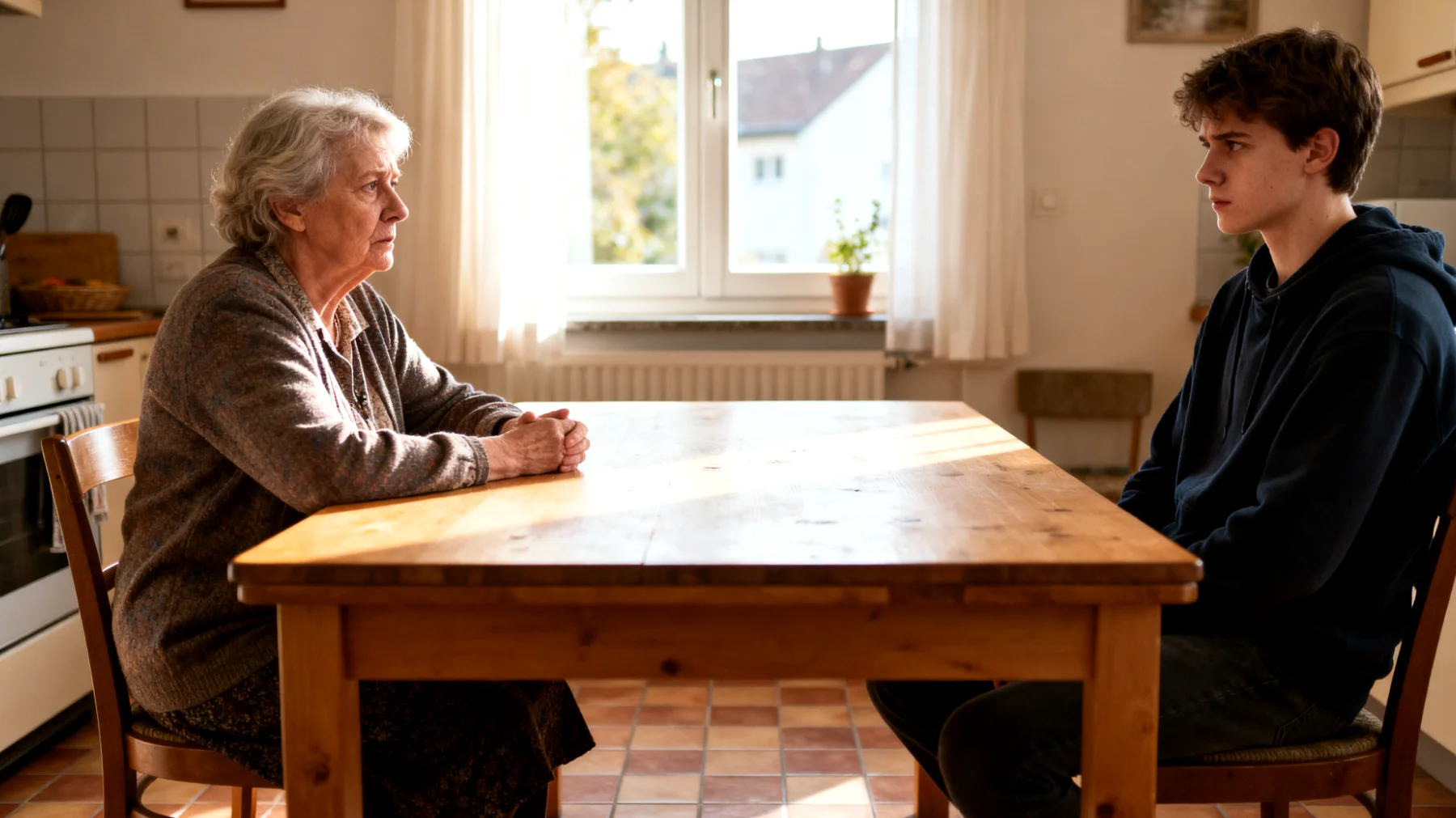 Die Großmutter versteht die modernen Werte und Lebensweisen ihrer Enkelkinder nicht und versucht, traditionelle Normen und Verhaltensweisen durchzusetzen, was zu wiederkehrenden Spannungen und gegenseitigem Unverständnis im Alltag führt."