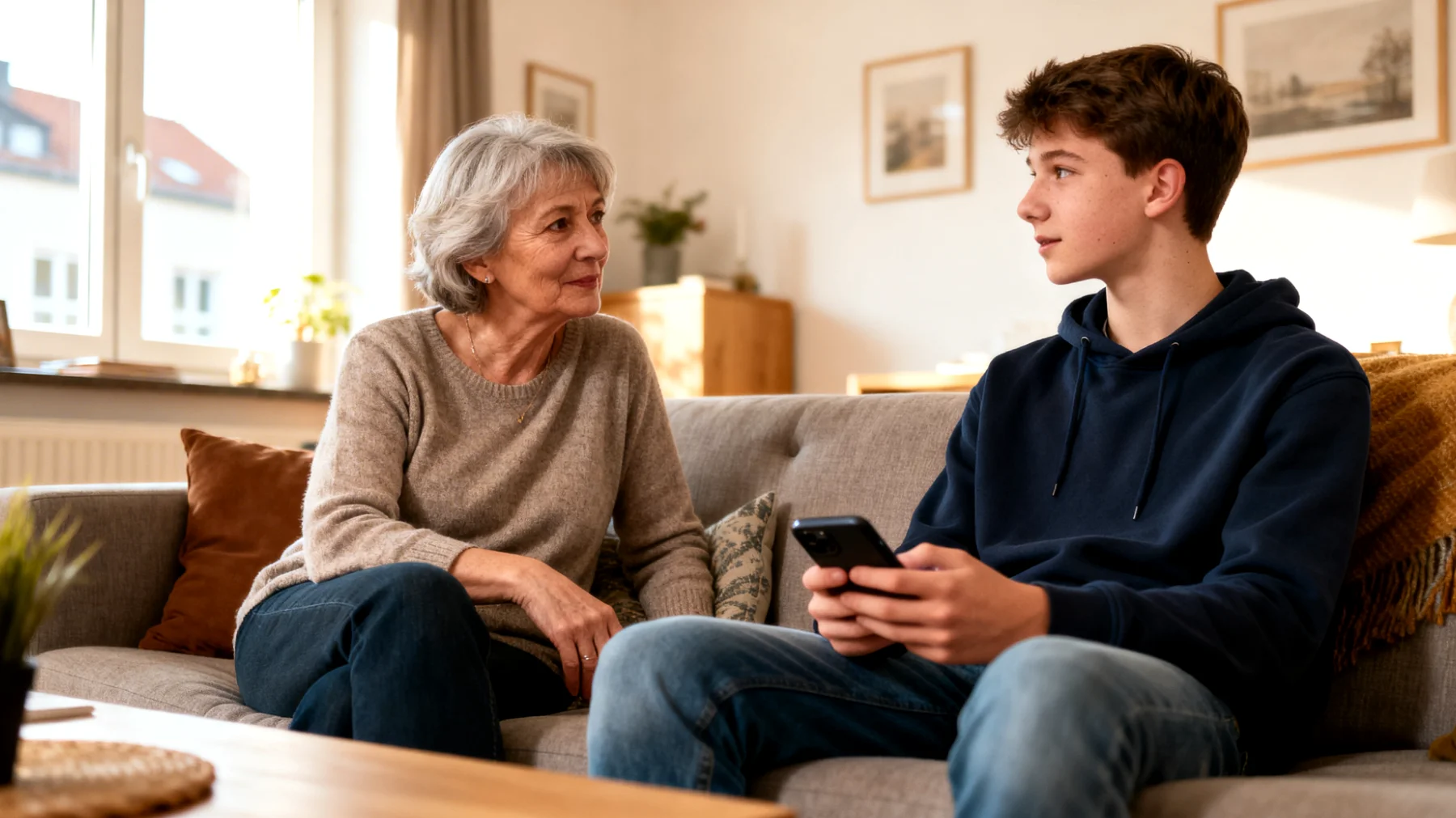 Die Großmutter beobachtet mit wachsender Sorge, dass ihr jugendlicher Enkel oder ihre jugendliche Enkelin soziale Medien auf eine riskante und unkontrollierte Weise nutzt – zum Beispiel durch das Teilen persönlicher Informationen mit Unbekannten, die Teilnahme an gefährlichen Online-Trends oder den Kontakt mit problematischen Personen im Internet. Sie weiß nicht, wie sie das Thema ansprechen soll, ohne das Vertrauen des Teenagers zu verlieren oder als altmodisch und nicht kompetent abgestempelt zu werden."