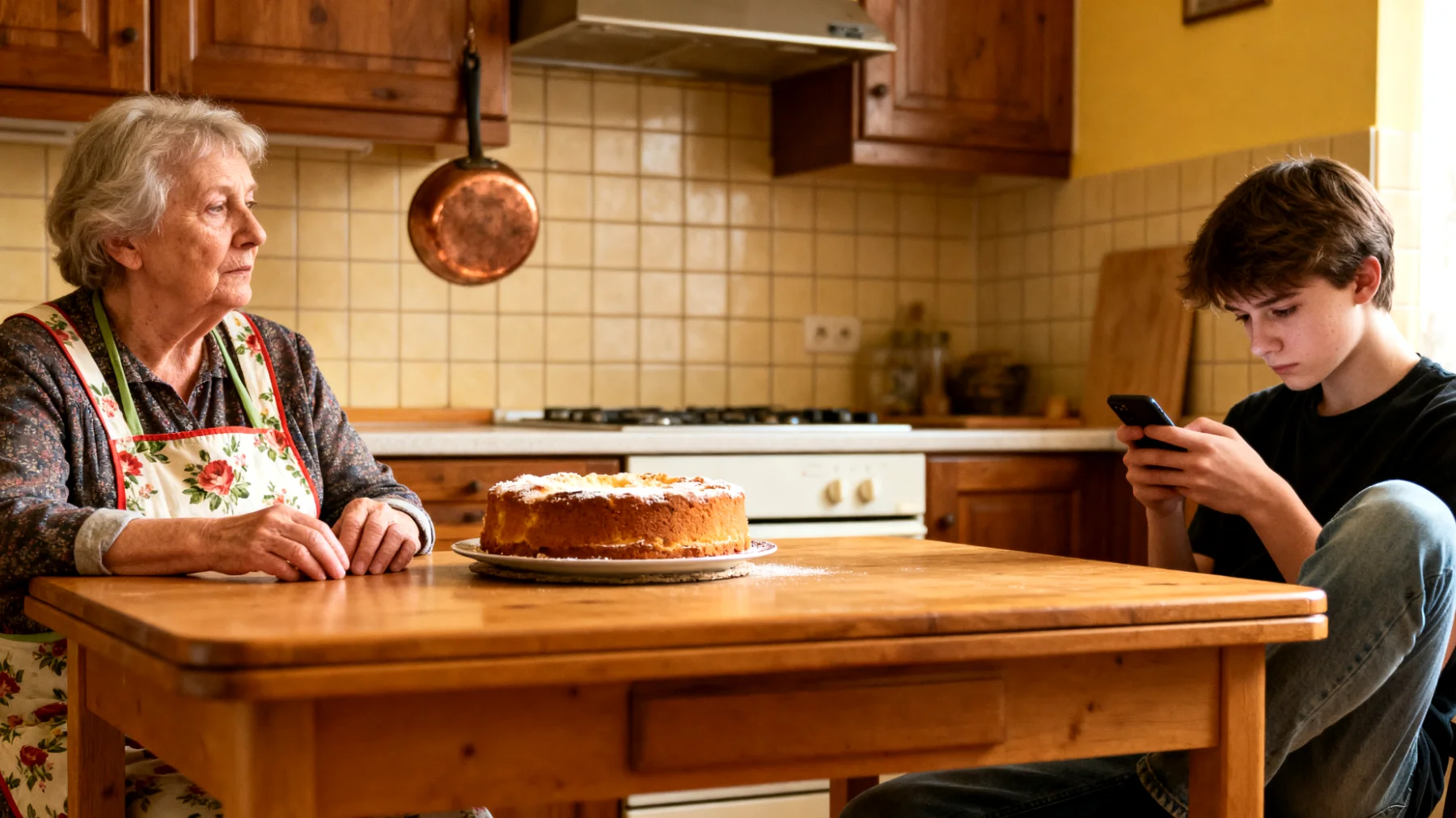 Die Großmutter beobachtet mit wachsender Sorge, dass ihre Enkelkinder im Jugendalter nahezu ihre gesamte Freizeit mit Smartphones, sozialen Medien und Videospielen verbringen. Sie fühlt sich hilflos und ausgegrenzt, da echte Gespräche kaum noch möglich sind. Jeder Versuch, die Bildschirmzeit einzuschränken, führt zu Spannungen und Ablehnung – die Großmutter weiß nicht, wie sie die Bindung zu ihren Enkeln aufrechterhalten soll, ohne ständig in Konflikt zu geraten."