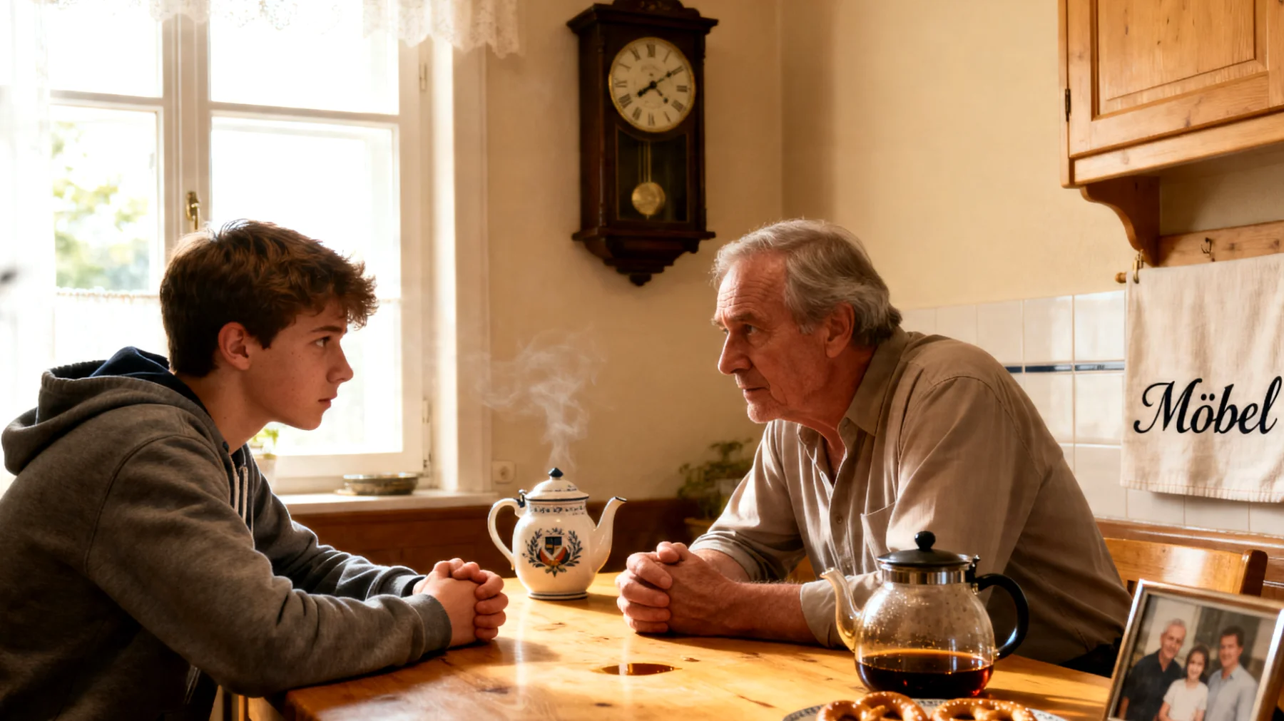 Der Großvater hat große Schwierigkeiten, seinem Enkelkind (Jugendlicher) gegenüber 'Nein' zu sagen. Er möchte den Enkel nicht enttäuschen und gibt ständig nach – sei es bei Ausgangszeiten, beim Kauf von Dingen oder bei der Umgehung von Regeln, die die Eltern aufgestellt haben. Dies führt zu Spannungen innerhalb der Familie und dazu, dass der Jugendliche lernt, den Großvater zu manipulieren, um seine Wünsche durchzusetzen."