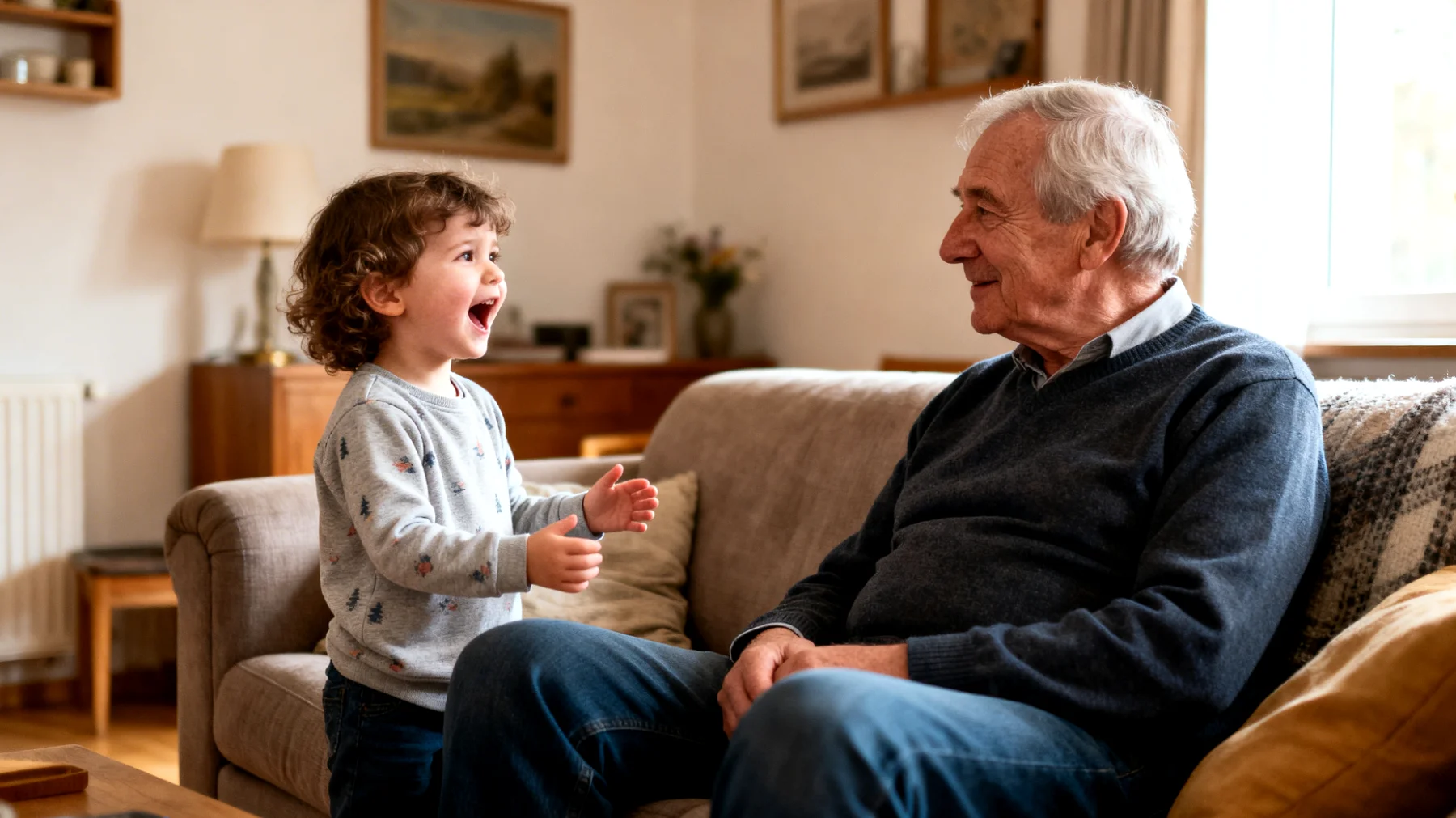 Der Großvater bemerkt, dass er mit seinen Enkelkindern kaum über Gefühle sprechen kann. Wenn die Kinder traurig, ängstlich oder aufgewühlt sind, weiß er nicht, wie er das Gespräch beginnen soll. Er greift oft auf praktische Lösungen zurück oder lenkt ab, anstatt einfach zuzuhören und die Emotionen der Kinder anzuerkennen. Dies führt dazu, dass sich die Enkelkinder unverstanden fühlen und sich emotional immer mehr zurückziehen."