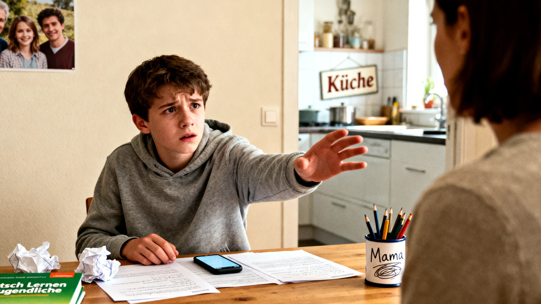 Die Mutter bemerkt, dass ihre Teenagertochter/-sohn zunehmend unfähig ist, alltägliche Entscheidungen selbstständig zu treffen – sei es bei Hausaufgaben, Freizeitplanung oder sozialen Situationen. Das Jugendliche sucht ständig die Bestätigung und Anwesenheit der Mutter, zeigt Angst und Blockaden, wenn diese nicht sofort verfügbar ist, und weigert sich, altersgerechte Verantwortung zu übernehmen."