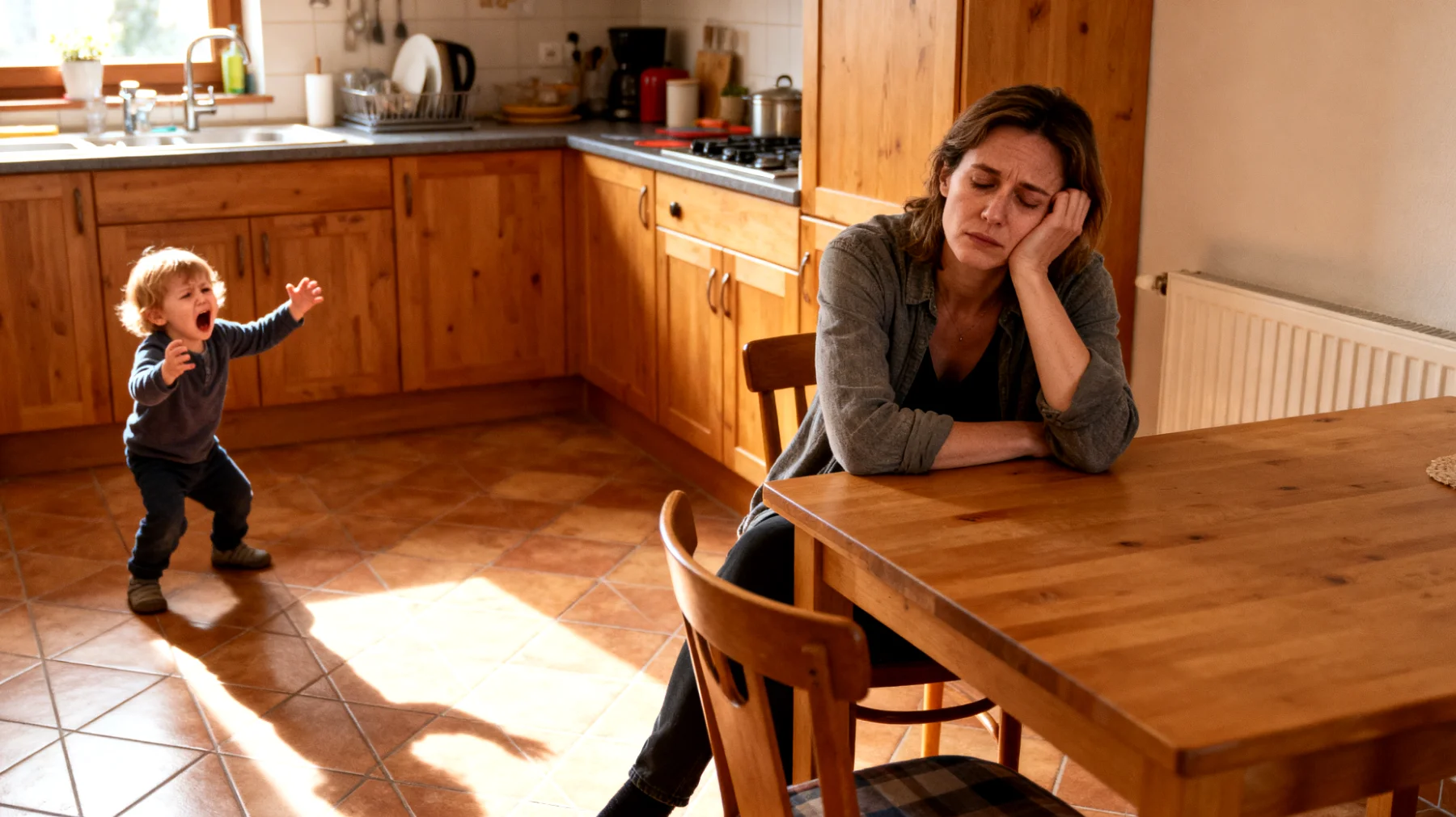 Die Mutter hat große Schwierigkeiten, ihren kleinen Kindern gegenüber 'Nein' zu sagen. Aus Angst vor Tränen, Wutanfällen oder dem Gefühl, eine schlechte Mutter zu sein, gibt sie fast immer nach – sei es bei Süßigkeiten vor dem Essen, beim Schlafengehen oder bei übermäßigem Bildschirmkonsum. Dies führt dazu, dass die Kinder zunehmend die Grenzen austesten und die Mutter sich erschöpft, hilflos und schuldbeladen fühlt."